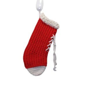 Handmade Red and White Lace Up Yarn Christmas Holiday Stocking